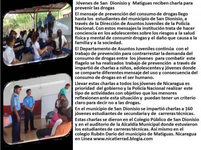 Jóvenes de San  Dionisio y  Matiguas reciben charla para prevenir las drogas